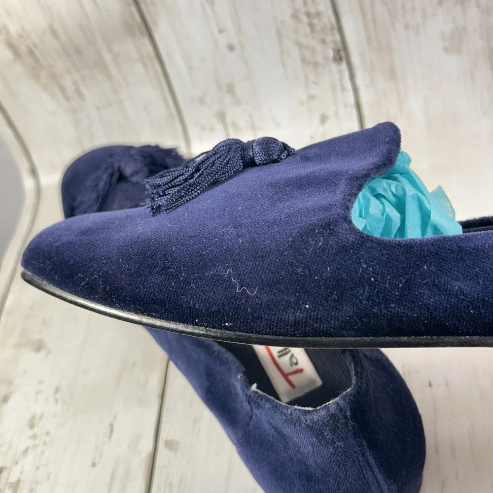 Talbots Womens Blue  Velvet Slip On‎ Smoking Flats Tassels Loafers Shoes sz 8AA